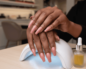 Beautifully manicured nails with gel polish on dark skin, using UV lamp for curing.