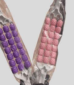 Lip balm sets with colorful spherical containers in pink and purple.